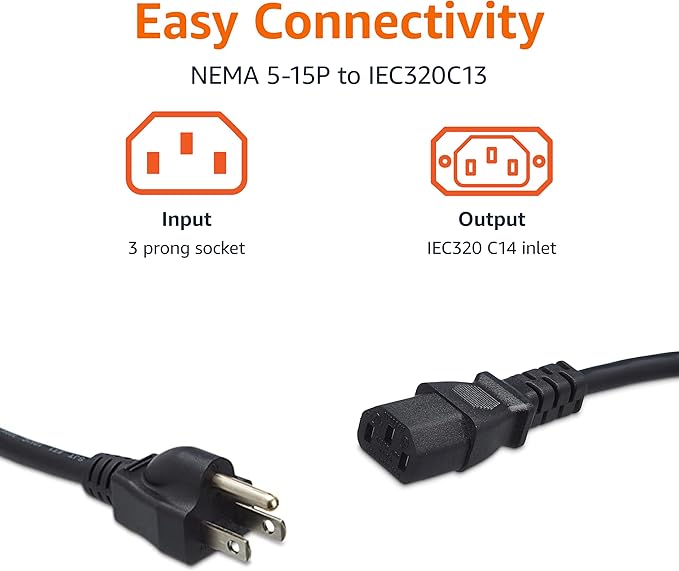 Amazon Basics PC Power Cord, 6 feet, 10-Pack, AC Power Cord for Monitor, Computer, TV, 3 Prong, 18 AWG, 125 Volts, Black