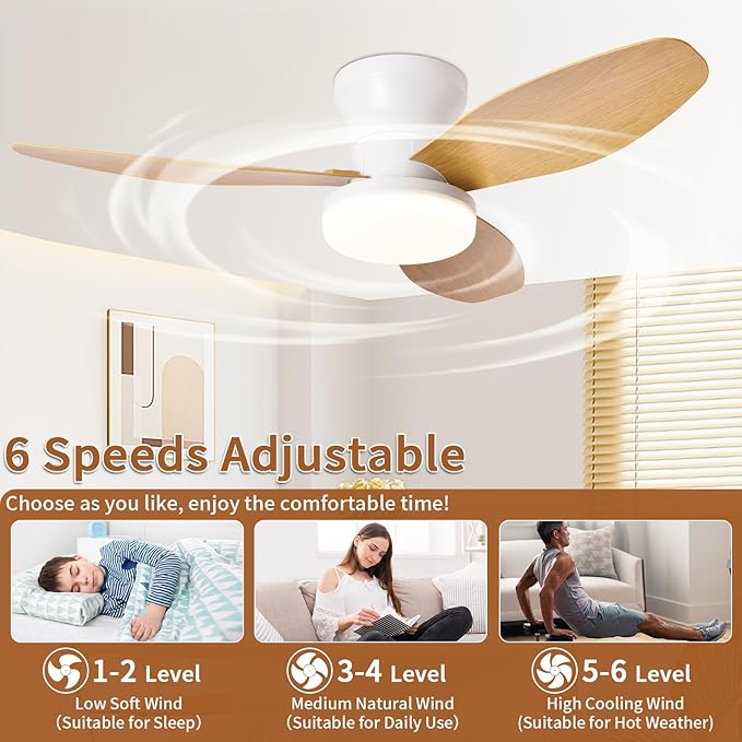 Glowall Small Ceiling Fan with Lights and Remote, 32 Inch Flush Mount, Small Quiet, DC Motor, Reversible Blades, 6 Wind Speeds, Dimmable LED, Adjustable Color Temperature, Timer