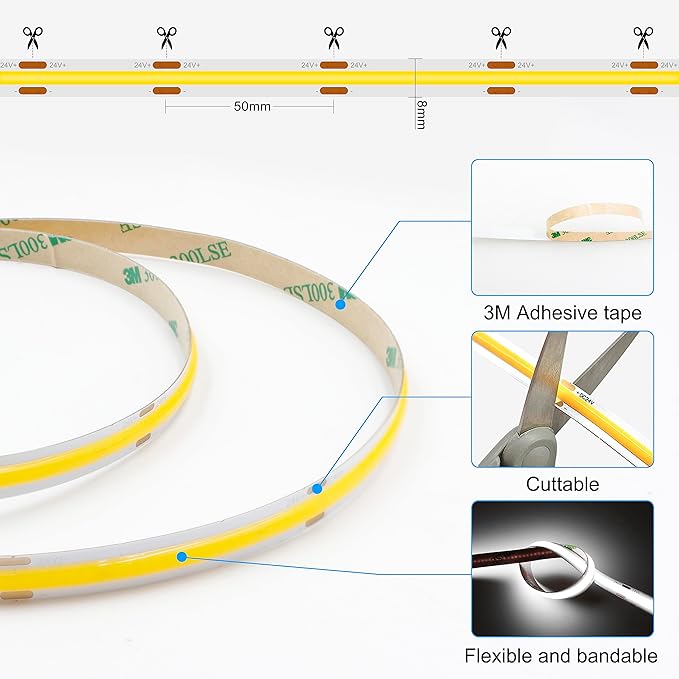 AXMOTUT 32.8ft White COB LED Strip Light, High Bright LED Strips with 320LEDs, RF Remote and UL Power Supply, 6000K Dimmable LED Lights for Bedroom, Kitchen, DIY Home Decoration, 2 Rolls of 16.4ft