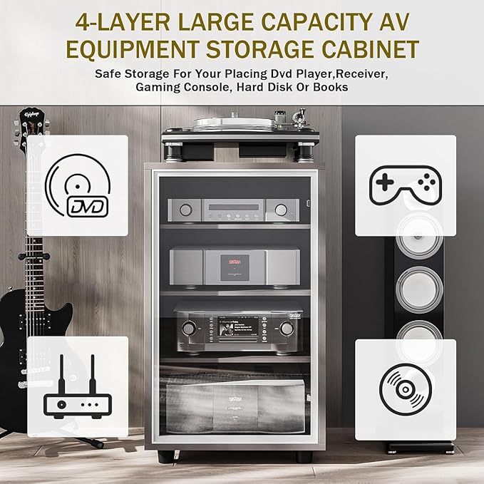 Media Storage Cabinet with Tempered Glass Door, 3 Adjustable Shelves Stereo Cabinet with Cable Management, AV Rack for Living Room/Gaming Setup/Home Studio Audio Rack (Grey)
