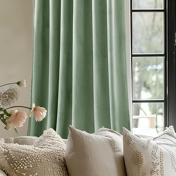 Sage Green Velvet Curtains 108 Inches Long for Bedroom, Luxury Room Darkening Thermal Insulated Blackout Curtains Luxury Window Drapes for Living Room, Back Tab Rod Pocket, W52 x L108, 2 Panels