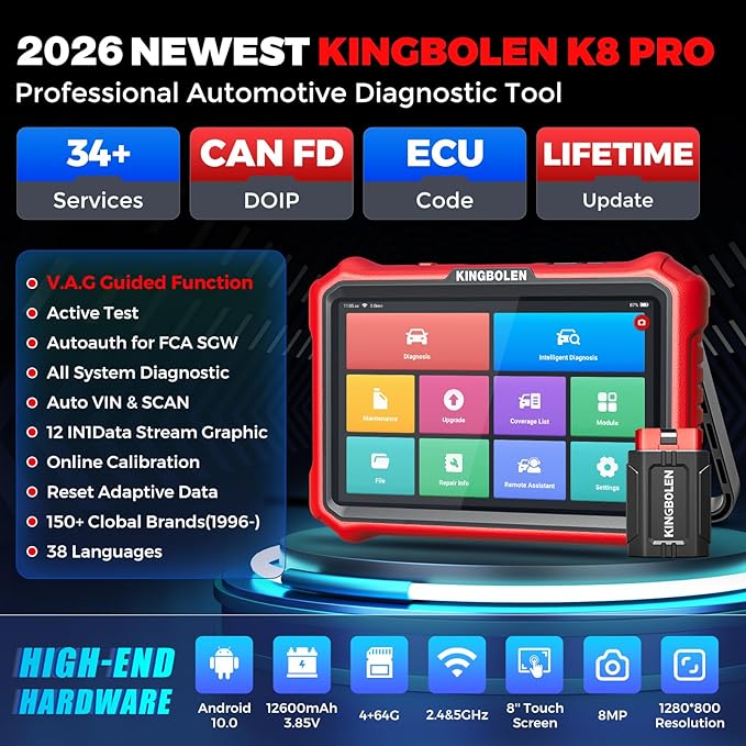 KINGBOLEN K8 Pro OBD2 Scanner Bluetooth 2026 Bidirectional Scan Tool with Lifetime No Subscription Update 8'' All System Diagnostic Tool, ECU Code, 34+ Reset, CANFD&DOIP, V.A.G Guide, FCA AutoAuth