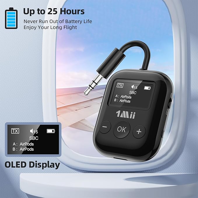 1Mii Airplane Bluetooth 5.3 Transmitter for All Headphones - Bluetooth Adapter for TV - Dual Connection - aptX Low Latency - Flying Travel, Wireless Audio Aux for MP3, Game,PC-Black