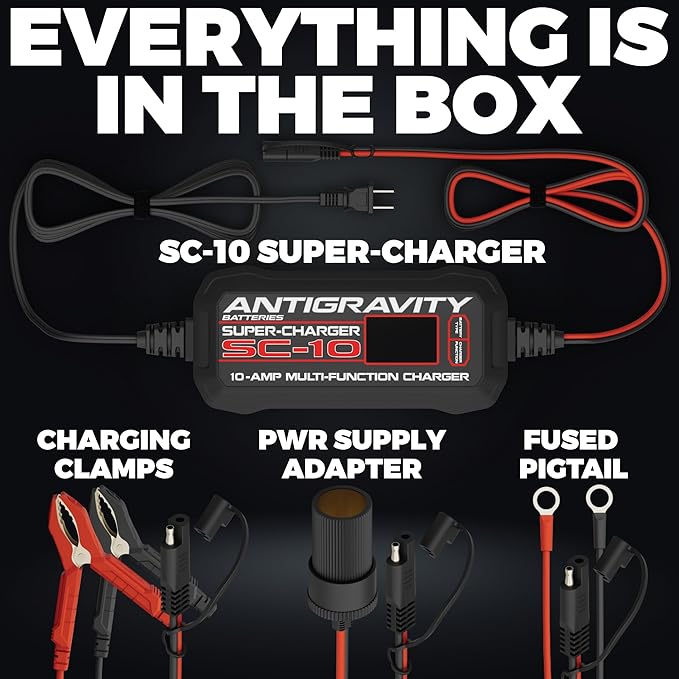Antigravity SC-10 Super-Charger 10A Smart Battery Charger & Maintainer for 6V/12V Lithium (LiFePO4) & Lead-Acid Batteries – LCD Display, Power Supply Mode, BMS Reset