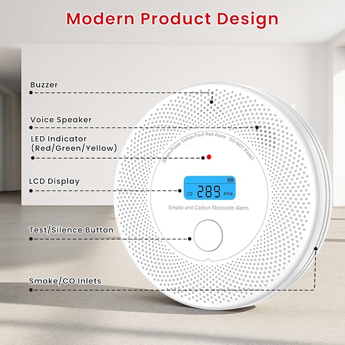 Alertlink 2-in-1 Smoke and Carbon Monoxide Detector Alarm, with Voice Alert,10-Year Battery Fire & CO Alarm with Large LCD Display, Easy Install with Adhesive or Screws
