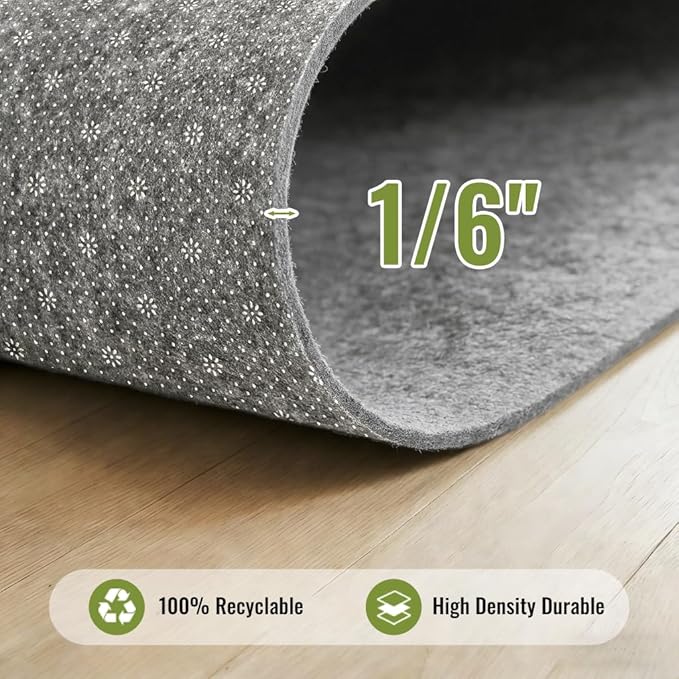 Felt Rug Pad with Gripper Dots, 8x10 Ft Non-Slip Rug Underpad with PVC Backing, 1/6" Thick Cushioned Carpet Pad Gripper for Hardwood Floors, Vinyl & Tile, Under Rug Padding Floor Protection