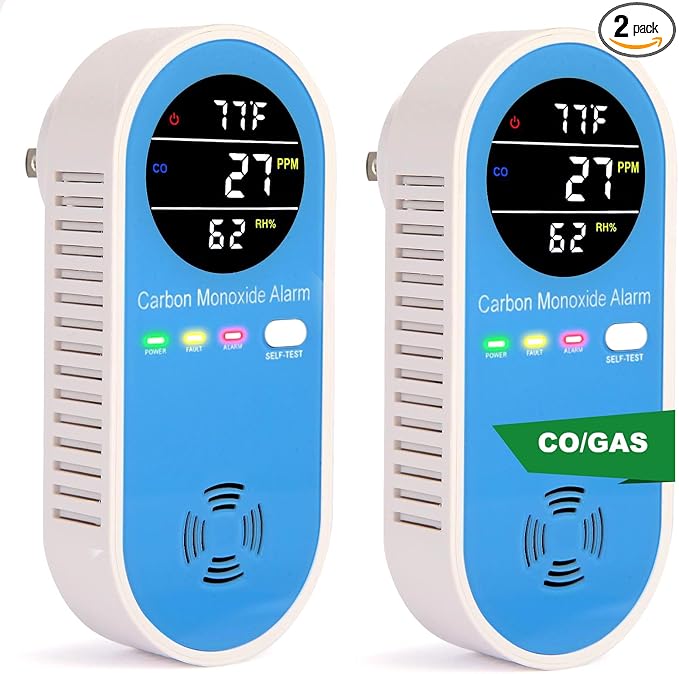 Vzmcov Plug-in Carbon Monoxide Detector with Real-Time CO Display & Temperature/Humidity Monitor, Plug-in CO Alarm for Home, RV, Apartment, Indoor Air Safety 2-Pack