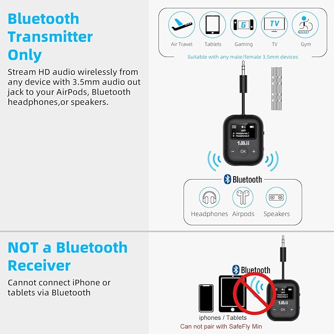 1Mii Airplane Bluetooth 5.3 Transmitter for All Headphones - Bluetooth Adapter for TV - Dual Connection - aptX Low Latency - Flying Travel, Wireless Audio Aux for MP3, Game,PC-Black