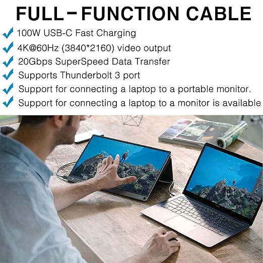 6.6FT USB-C 3.2 Gen 2×2 Display Monitor Video Link Data Transfer Cable for Lepow Z1 15.6 In, InnoView, ASUS ZenScreen, KYY, Cocopar, Arzopa, AOC, Type-C High Speed Portable Monitor Charger Power Cord