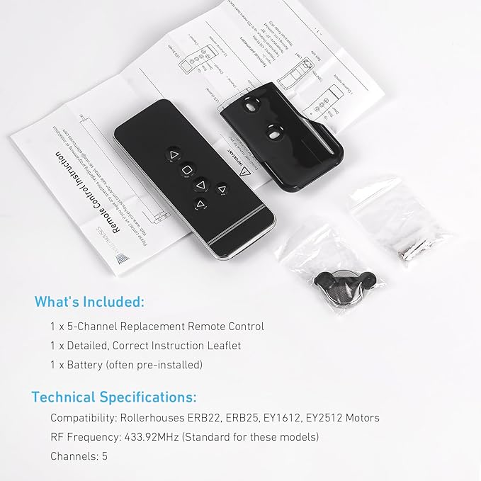 5-Channel Blind Remote Controller, Black - Replacement for Motorized Roller Shades, Window Blinds & Shades -Compatible with Rollerhouses ERB22/ERB25/EY1612/EY2512 Motors