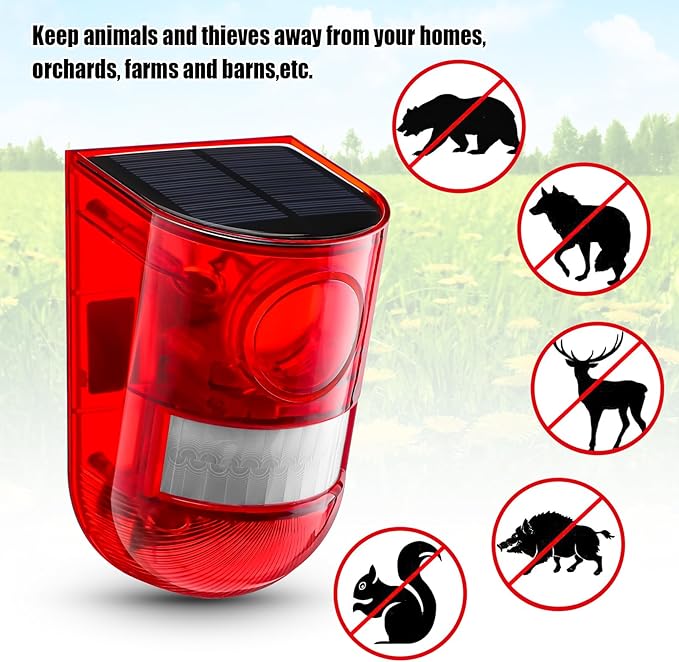 Qualirey 8 Pack Solar Sound and Light Alarm Motion Sensor 129db Outdoor Security Siren Waterproof Motion Activated Detector Alarm 6 LEDs Flash Warning Strobe System for Home, Farm (Red)