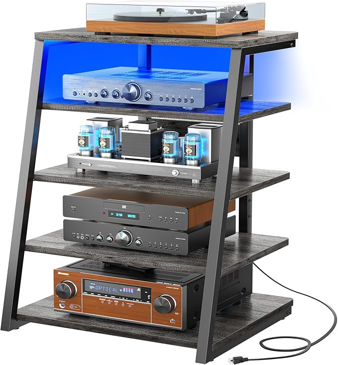 Armocity 5-Tier AV Media Stand with Power Strips, Media Console with LED Lights, Audio Tower Rack with Adjustable Shelves, Stereo Stands and Racks, 40.8'', Grey Oak