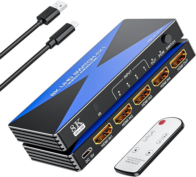 ALYYDBG 8k@60Hz HDMI Switch 4 in 1 Out Supports 4K@120Hz Dynamic HDR10+ HDCP 2.3 CEC, HDMI 2.1 Switcher Works with Gaming Consoles TV Box Stick Computer to HDMI ouput Like TV Monitor Projector