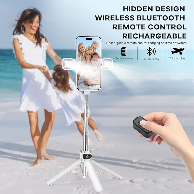 Mini Phone Tripod Stand,MQOUNY 38" Phone Tripod &Selfie Stick with Wireless Rechargeable Remote & Removable Light, Extendable Tripod Stand 360 Rotation Compatible with Phone&Android Samsung (White)