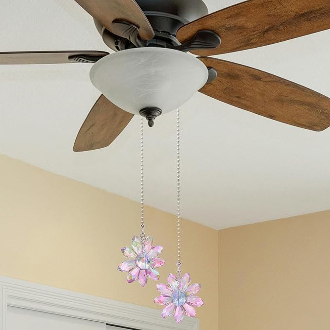 LEFERS Ceiling Fan Pull Chain, 2 Pieces 1.8" Crystal Glass Flower Pendants with 24" Ceiling Fan Chain Extender and Connector (Purple)
