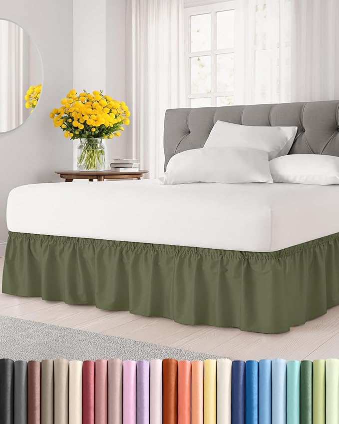 Wrap Around Dust Ruffle Bed Skirt - Sage Green - for Queen Size Beds with 21 Inch Drop - Elastic Strap - Adjustable Pleated Bedskirt with Brushed Fabric and Wrinkle Free - For Women, Men, Kids & Teens