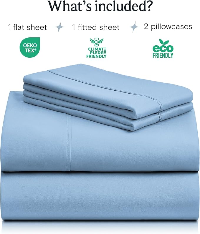 LuxClub 4 PC Queen Sheet Set, Deep Pockets Wrinkle Free Cooling Bed Sheets Hotel Bedding for Women, Men, Includes 1 Fitted Sheet, 1 Flat Sheet and 2 Pillowcases-Silky Soft Sky