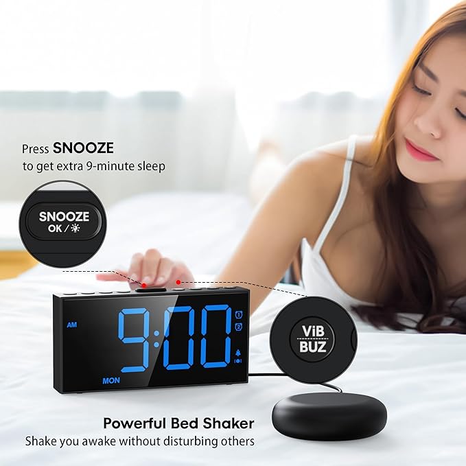 Mesqool Loud Alarm Clock for Heavy Sleeper, with Vibration for Hearing Impaired Deaf, Annoying Clock for Bedroom,USB Port,Dual Alarm with Snooze