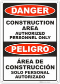 Brimar - 10" x 14" - Bilingual Danger Construction Area Authorized Only Sign - .040″ Rust-Free Aluminum - Bold Text - Easy Installation