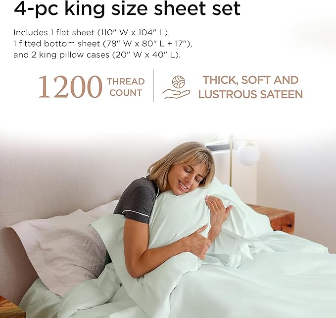 Threadmill Supima King Size Sheets, 1200 Thread Count, 4 Piece American Luxury Bed Sheets for King Mattress, 5 Star Hotel Quality Cotton Sheets with Elasticized Extra Deep Pocket, Seaglass