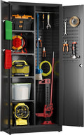 31.53 in Wide Garage Storage Cabinet, Metal Storage Cabinet with Pegboards and 4 Adjustable Shelves, Garage Storage System with Lockable Door for Offices, Gyms and Pantries, Black