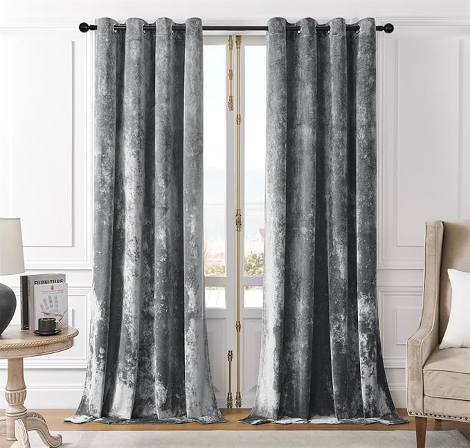 SMILETIME Grey Crushed Velvet Curtains 52x108 inch Luxurious Thermal Insulated Soundproof Drapes for Living Room Bedroom Office Soft and Durable Light-Filtering Window Treatments, 2 Panels