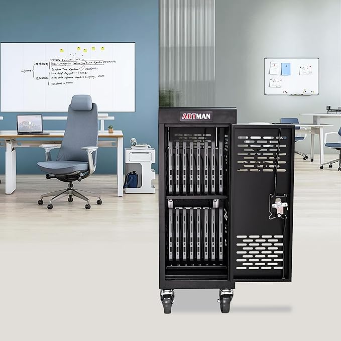 TIOPLY Laptop Charging Cart, 16 Device Tablet Storage Carts for iPad Up to 16.3" Screen Size, Mobile Charging Station for Classroom, with Cord Organizer, Front and Back Access Locking Cabinet Black