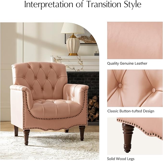 HULALA HOME Mid Century Modern Leather Club Chairs, Top-Grain Genuine Leather Armchairs with Button-Tufted Back & Solid Wood Legs, Accent Chairs for Living Room/Bedroom/Home Office, Pink