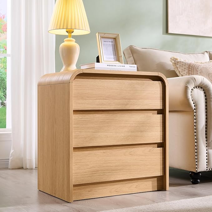 25" Tall Modern Nightstand Set of 2, 23.6" Wide Wood Bedside Table with Charging Station, 3 Storage Drawers Side Table w/Curved Profile Design,End Table for Bedroom, Natural Oak