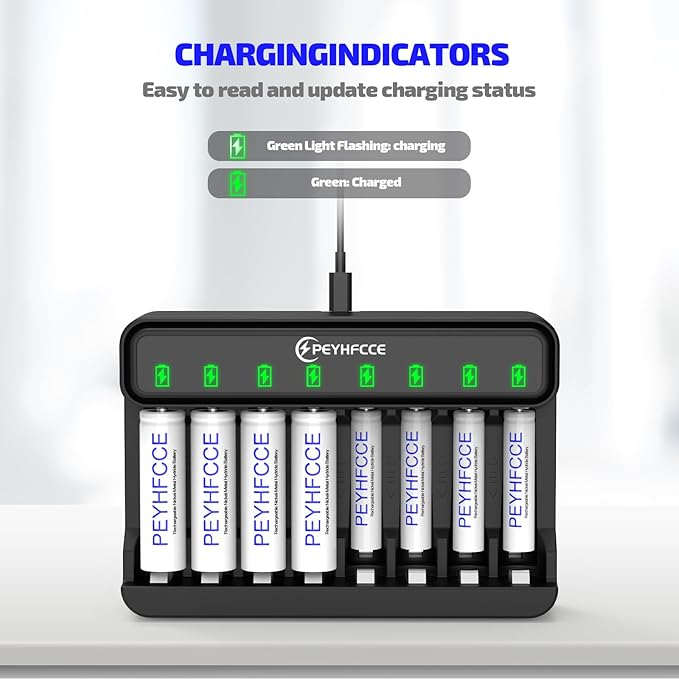PEYHFCCE AA AAA 8 Bay Battery Charger with High-Speed Charging, Independent Slot for 1.2V Ni-MH Rechargeable Batteries