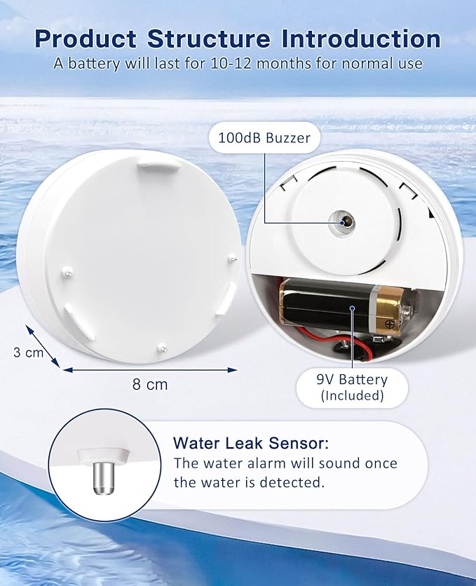 Geevon 10 Pack Water Leak Detectors, 100dB Water Sensor Alarms Flood Detector for Basements, Bathrooms, Laundry Rooms, Kitchens, Garages, and Attics, Water Alarms Battery-Operated (Battery Included)