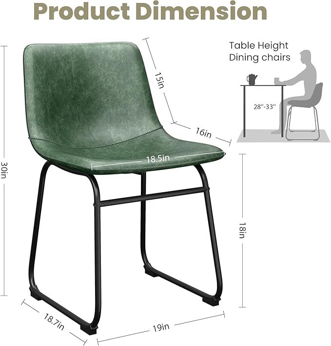 Dining Chairs Set of 4, 18 Inch Modern Armless Dining Chair with Back, Faux Leather Kitchen Dining Room Chair with Metal Legs for Home, Bistro Coffee Shops (Green)