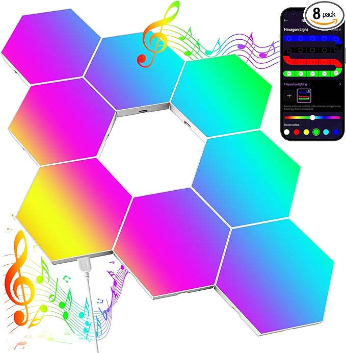 JIMIMORO Big Hexagon LED Light - 8 Pack Smart RGB Hexagon LED Panels Wall Lights with APP & Remote Control Cool Music Sync Gaming Lights for Living Room, Bedroom, Gaming Room, Kids, Adults