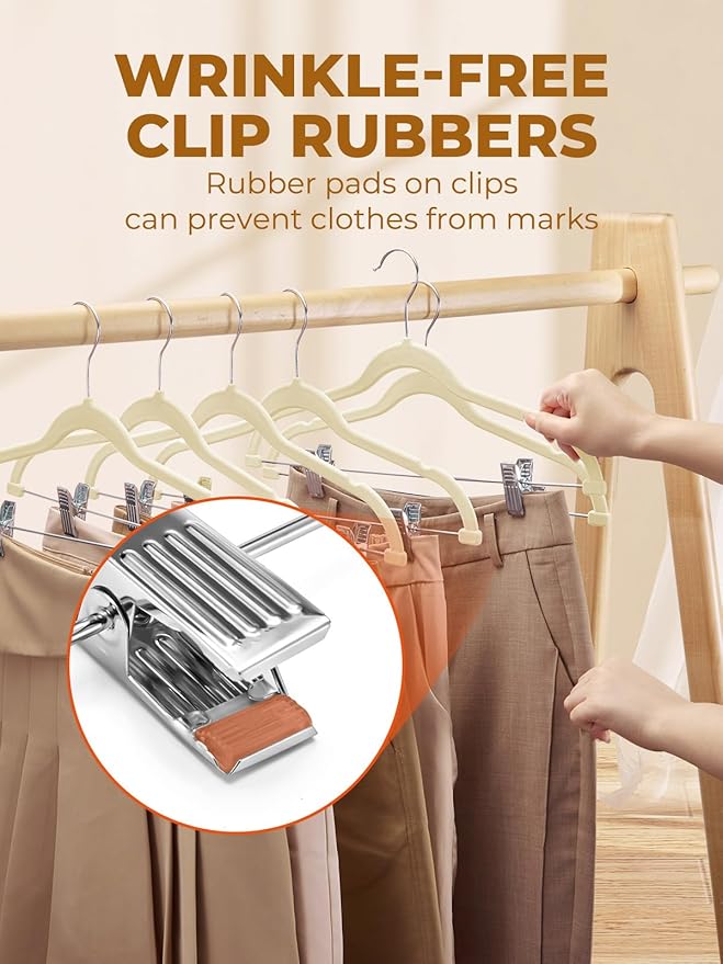 HOUSE DAY Velvet Skirt Hangers 12 Pack, Beige Velvet Pant Hangers with Adjustable Clips, Space Saving Slim Shorts Hanger, Heavy Duty Non Slip Clip Hanger for Pants, Skirts, Shorts