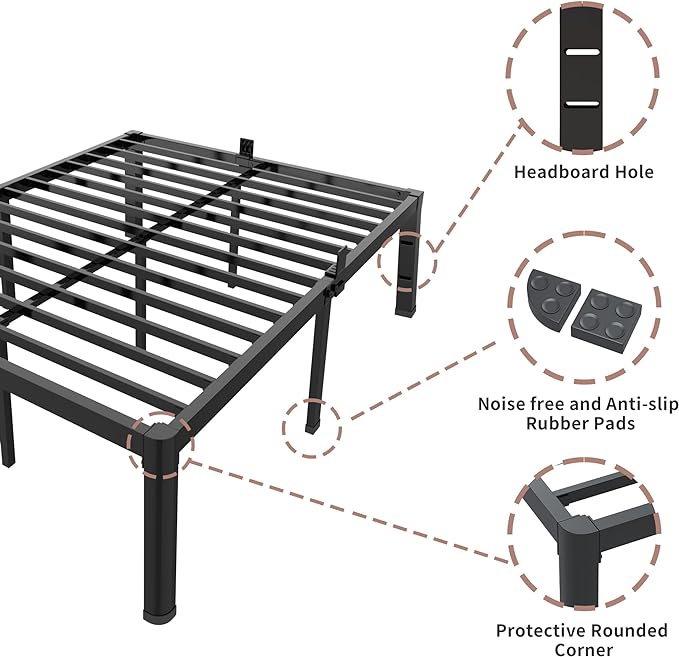 ROIL 16 Inch Queen Bed Frame with Rounded Corner and Headboard Hole Mattress Retainers 3500LBS Metal Heavy Duty Steel Slats No Box Spring Needed Platform Noise-Free Easy Assembly