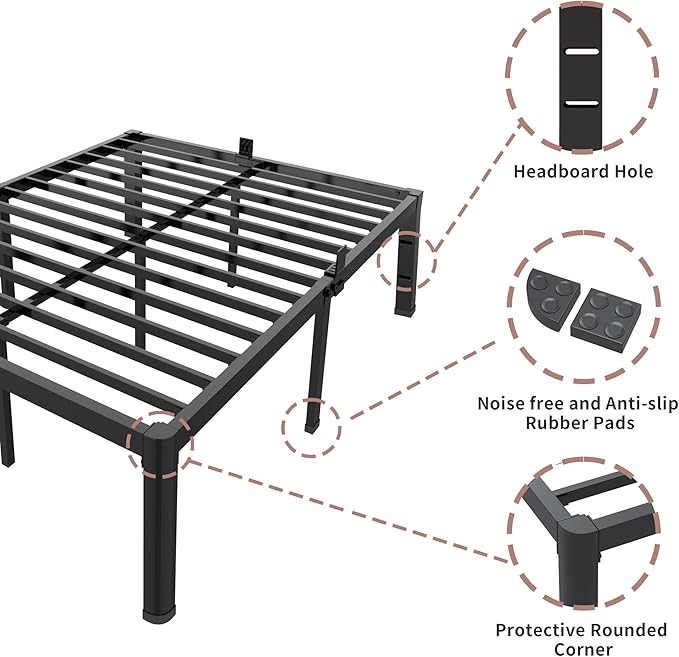 ROIL 14 inch California King Size Bed Frame Metal Platform No Box Spring Needed with Headboard Hole Round Corner Legs Mattress Retainers 3500LBS Heavy Duty Steel Slats Noise-Free Storage