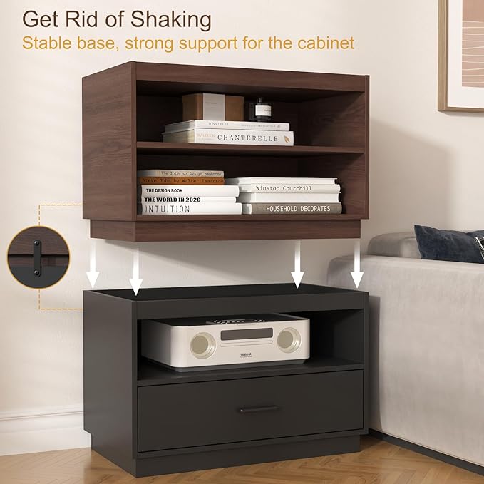 Stackable Storage Drawers, 28" Wide Storage Bins with 2 Doors for Closet Organizers, Wood Stackable Closet Organizer Modern Large Stackable Units for Living Room Hallway Bedroom, Black