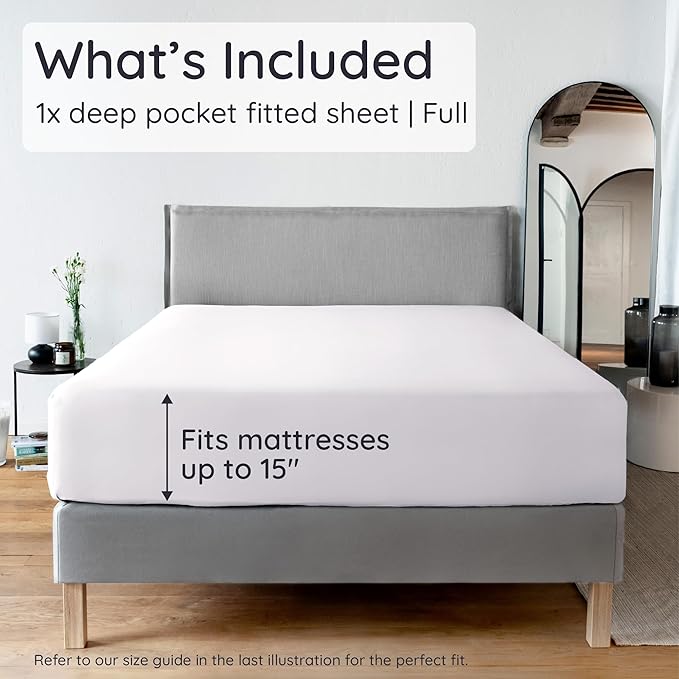 Bambaw Full White Fitted Sheet Only, 100% Viscose Derived from Bamboo Full Size, Cooling Fitted Sheet with Corner Straps, Soft (White)