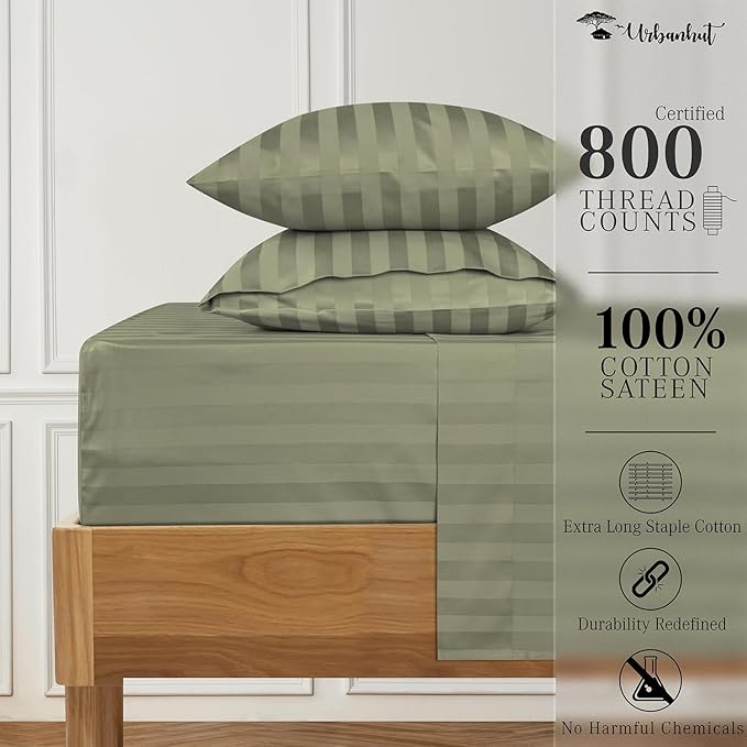 URBANHUT 800 Thread Count 100% Cotton Damask Queen Size Sheets, 4 Piece Striped Queen Size Bedsheets, Luxury Hotel Sheets Sateen Weave - Better Than Egyptian, 16" Elasticized Deep Pocket- Sage