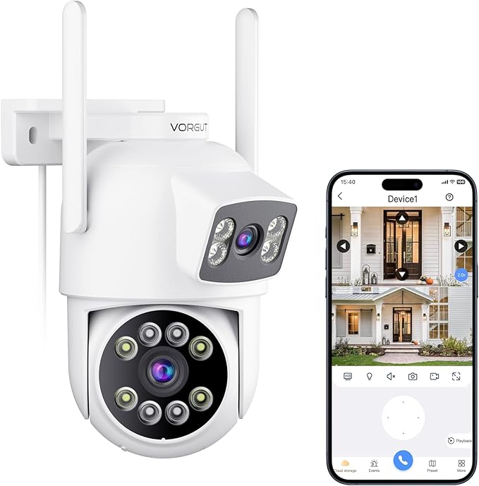 VORGUT Security Camera Outdoor Wireless, Dual Lens 2K (3MP+3MP) 355° PTZ Home Security WiFi Camera Outside Surveillance Indoor, 2.4G WiFi, PIR Human Detection, Auto Tracking, Color Night Vision, White