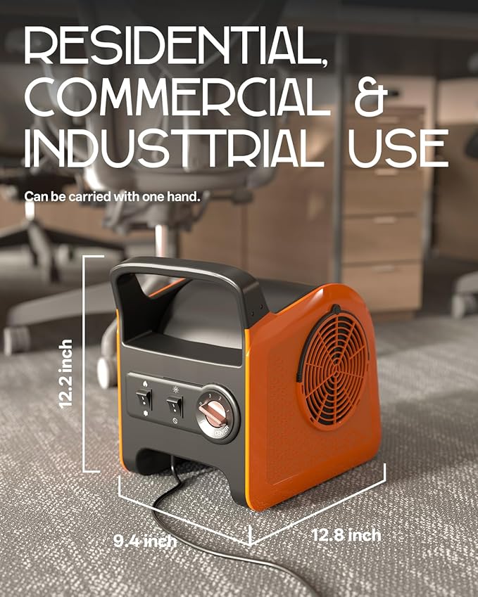 Puligoth Air Mover Blower Fan: High Velocity Floor Fans for Cooling and Drying, Carpet Dryer with Heater, Filter, UV Light, 3 Speeds, 185° Rotating for Industrial, Orange