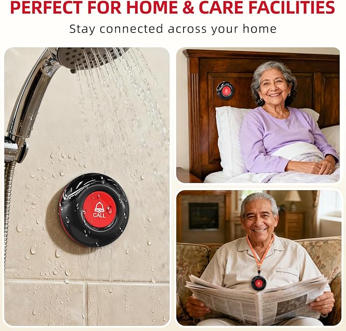 CallToU Caregiver Call Button Wireless Call Bell Alert Button for Seniors/Patients Call Light System for Elderly Home 2 Plugin Receiver 4 Waterproof Transmitter