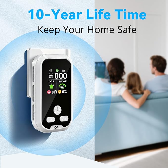 5-in-1 Carbon Monoxide Detector Combo with LCD Display, Detects CO, Natural Gas, Smoke, Temperature, Humidity for Home Hotel, Camping RV, Apartment Safety, White