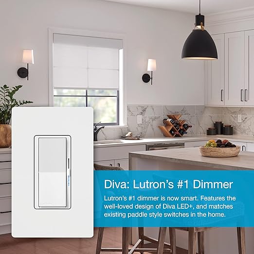 Lutron Diva Smart Dimmer Light Switch for Caseta Lighting (Lutron Smart Hub Required), for LED Lights, 150W, Single-Pole/3-Way, No Neutral, White, 3 Pack (DVRF-6LS-WH-3)