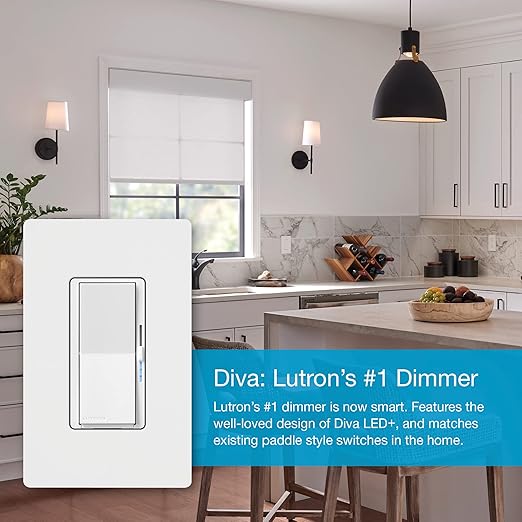 Lutron Diva Smart Dimmer Light Switch with Wallplate for Caseta Lighting (Lutron Smart Hub Required), for LED Lights, 150W, Single-Pole/3-Way, No Neutral, White (DVRFW-6L-WH-A)
