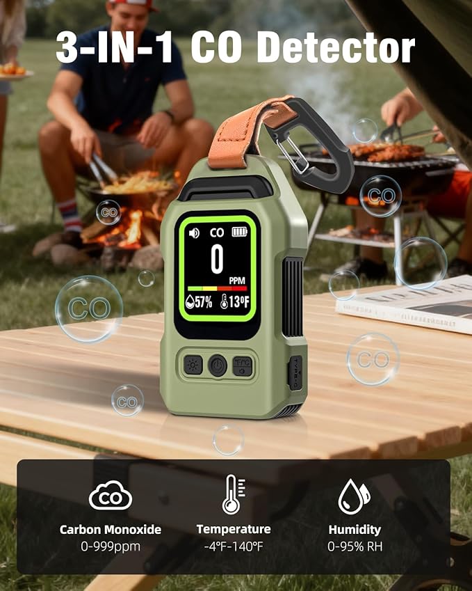 3-in-1 Portable Carbon Monoxide Detector.Visual Alarm for Camping,Travel,RV.More Than 300H Standby . Equipped With a Flashlight, Magnetic Back and Hook.Featuring CO, Temperature and Humidity Sensors