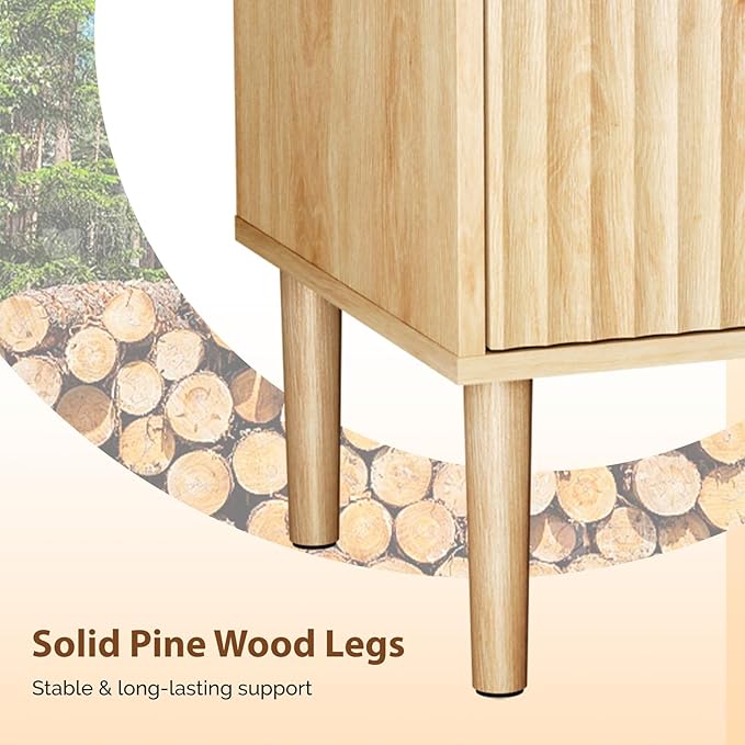 VINGLI Nightstands Set of 2 with Charging Station, Fluted Nightstand 2 Drawer, 15.8" W*15.6" D Mid Century Modern Nightstands for Bedroom, Fluted Bed Side Table, Oak Night Stands Set 2