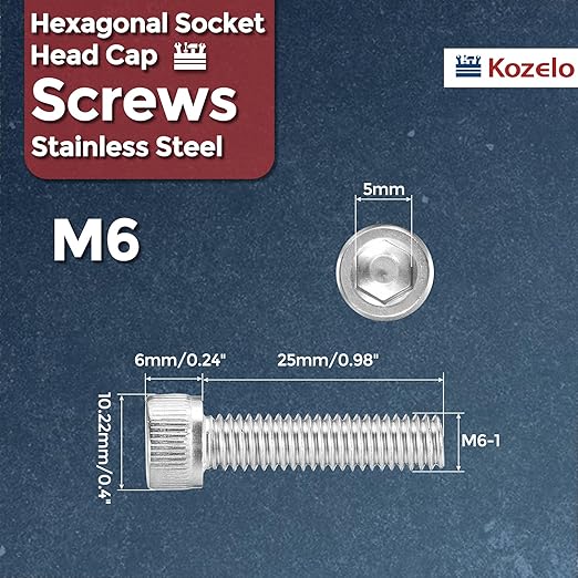 Kozelo 50pcs Socket Head Cap Screws - [M6-1 x 25mm] 304 Stainless Steel Allen Socket Drive for Electrical Motor 3D Printing Fan Engine Replacement Use, Silver