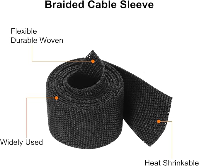MECCANIXITY Braided Cable Sleeves Heat Shrinkable Fabric Sleeving, 7/8" 3ft Black 2:1 Ratio Heat Shrinkable Cord Protector for Harness Cable, Network Cable Protection, Cable Management