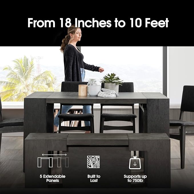 Transformer Table - Solid Wood Extendable Dining Table, Seats 2-12, Extendable Dining Room Table, Space-Saving Furniture, Expandable Dining Furniture (Dark Grey, Table Only)